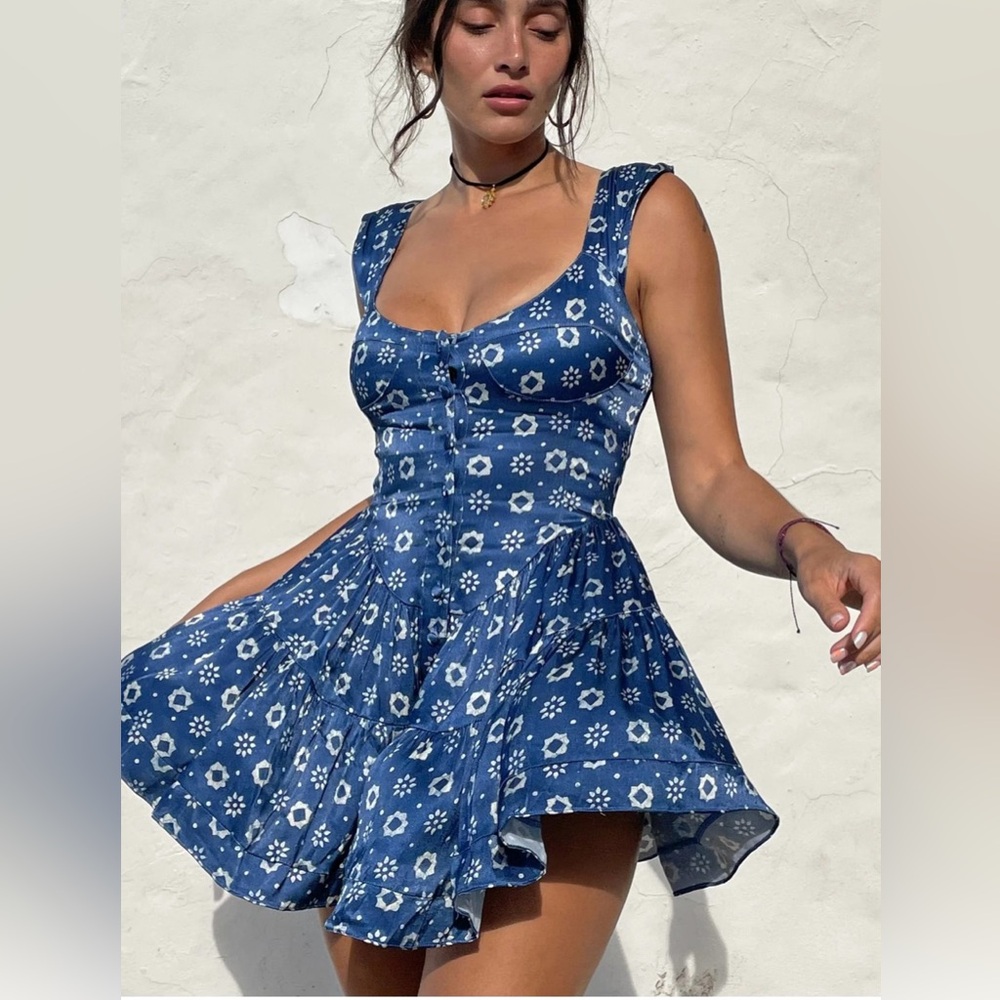 Vanessa Mooney Blue and White Floral Romper Small